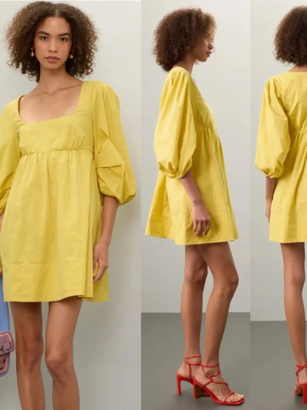 STAUD Sophie Mini Dress Yellow Poplin Puff Sleeve Darling Babydoll Sundress $295 - Picture 4 of 16